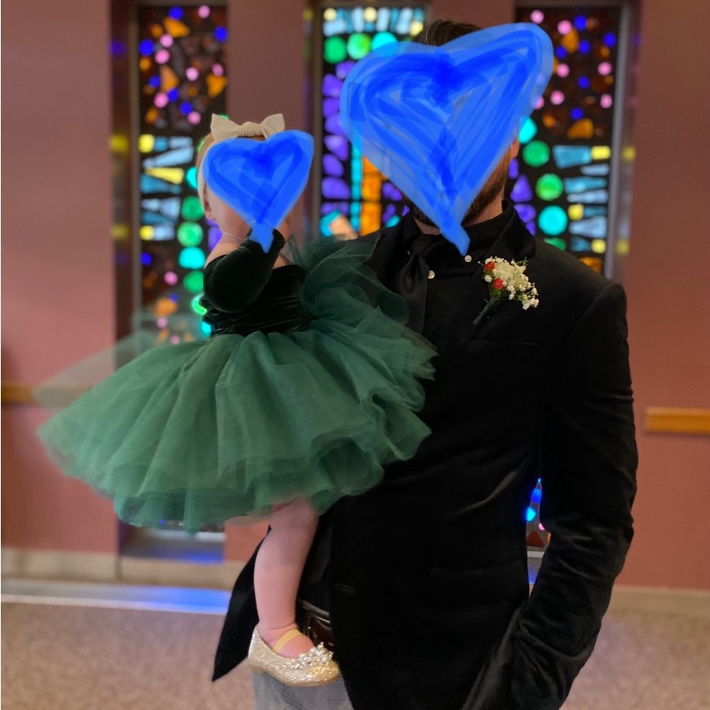 Green velvet tulle off the shoulder dress baby girl